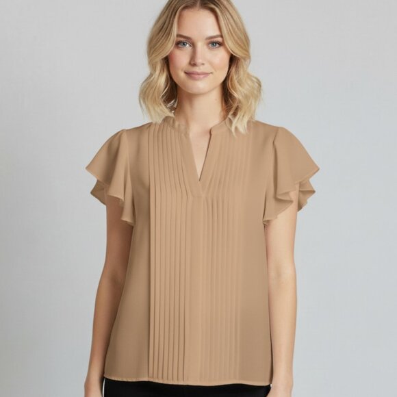 H&M Chiffon Pleated Blouse Women 2 Tan Neutral Chic - Picture 1 of 12